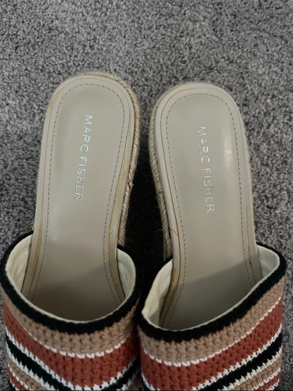 Marc Fisher Striped Woven Espadrille Wedge Slide — Rust/Black/Cream